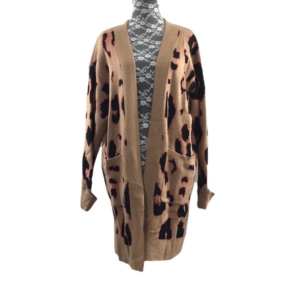 Zesica‎ Tan Pink Leopard Knit Cardigan Womens Medium Tunic Sweater Open Front - Picture 1 of 10